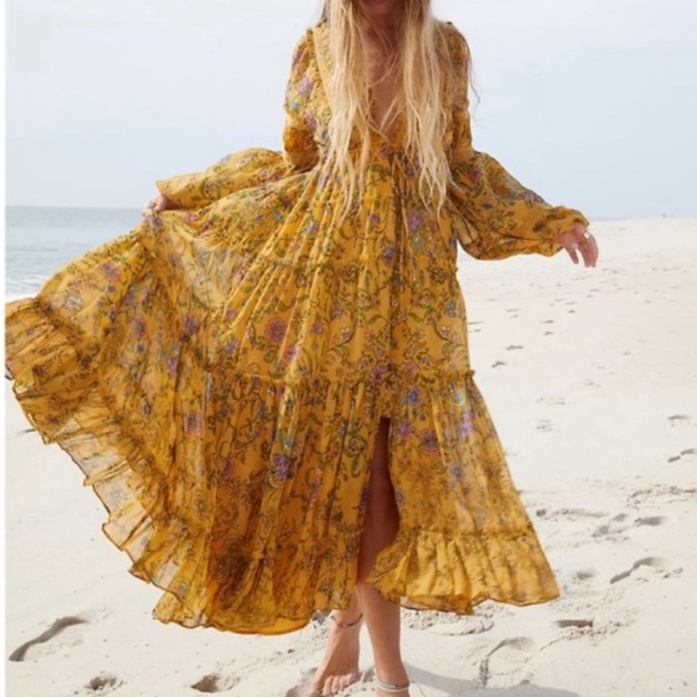 Free People Mustard Yellow Floral Maxi Dress